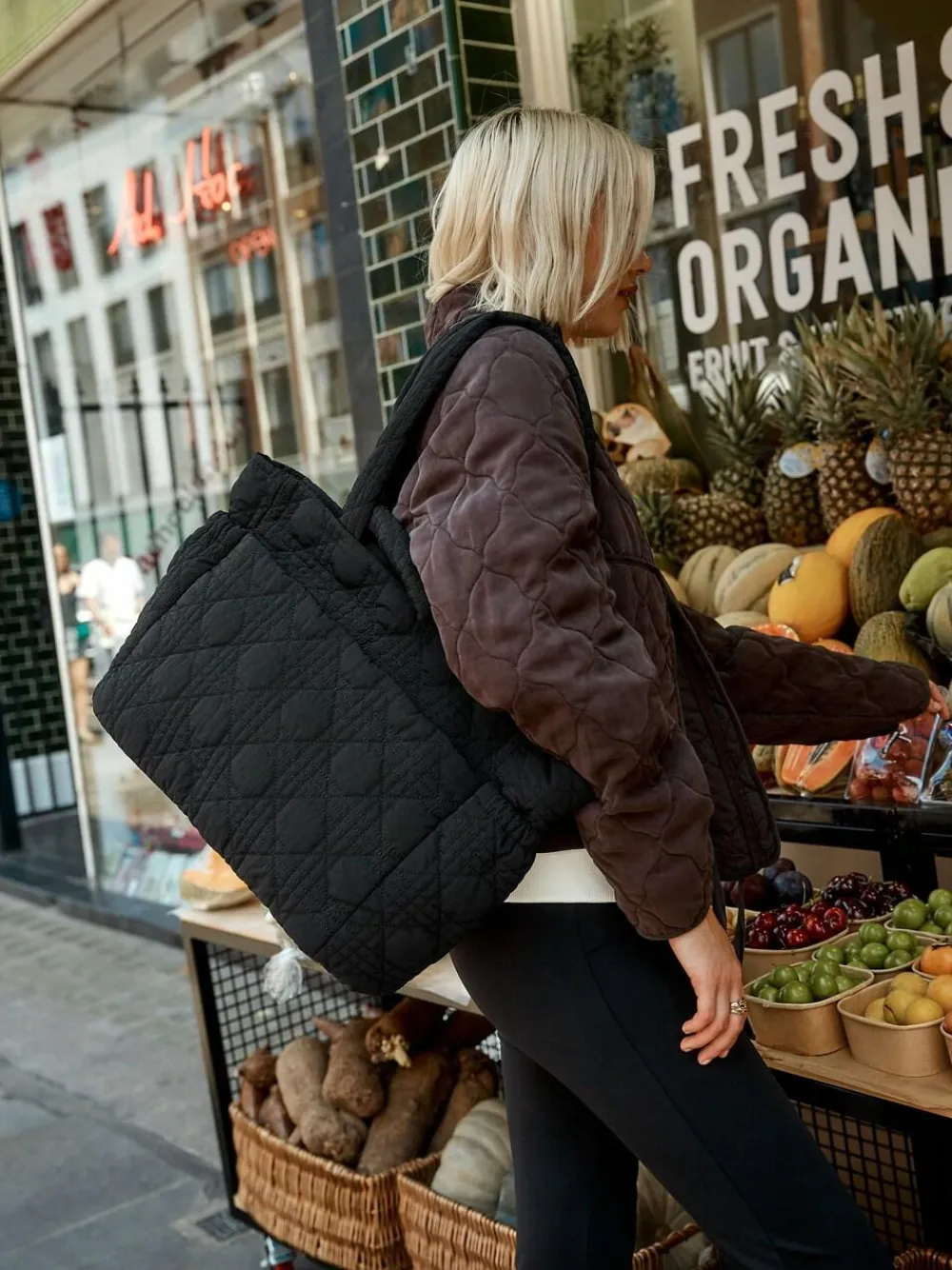 Online Next Nylon Quilted Shoulder Bag Black