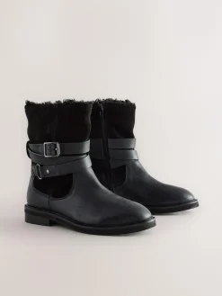 Next Forever Comfort® Borg Lined Buckle Trim Ankle Boots^Women Wide Fit & Extra Wide Fit|Boots & Wellies