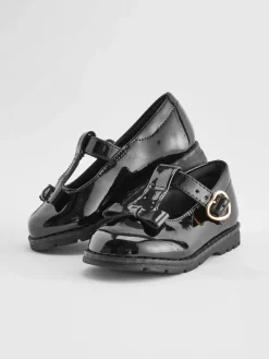 Best Next Wide Fit (G) School Junior Bow T-Bar Shoes Black Patent