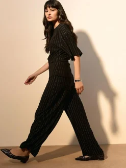 Online Next Waisted Wide Leg Trousers Black Pinstripe
