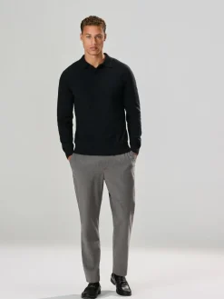 Next Plain Regular Fit Essential Long Sleeve Knitted Polo Shirt Black