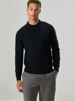 Next Plain Regular Fit Essential Long Sleeve Knitted Polo Shirt Black
