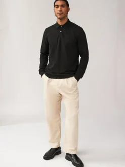 Online Next Black Regular Fit Long Sleeve Pique Polo Shirt