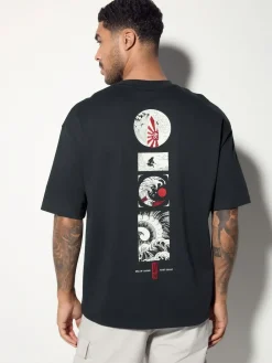 Hot Next Relaxed Fit Japanese Surf Graphic Print T-Shirt Black