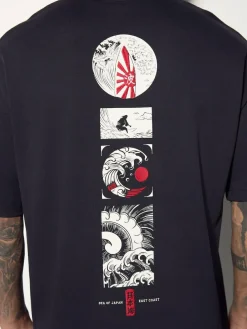 Hot Next Relaxed Fit Japanese Surf Graphic Print T-Shirt Black