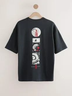 Hot Next Relaxed Fit Japanese Surf Graphic Print T-Shirt Black