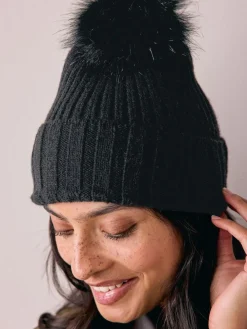 New Next Black Rib Knit Pom Hat