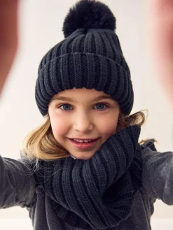 Next Black Rib Pom Beanie (3mths-16yrs)^ Hats|Hats, Gloves & Scarves