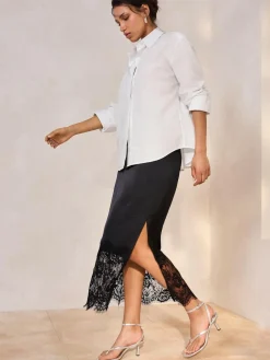 Sale Next Satin Midi Skirt With Lace Trim Black