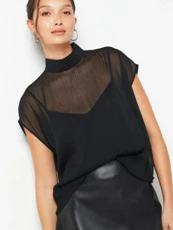 Next Black Sheer Layer Cap Sleeve Top^Women Tops & T-Shirts|Blouses & Shirts