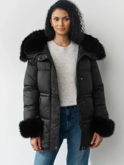 Next Black Short Padded Coat with Faux Fur Trim Hood and Cuffs^Women Coats & Jackets|Coats & Jackets