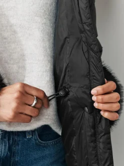 Next Black Short Padded Coat with Faux Fur Trim Hood and Cuffs^Women Coats & Jackets|Coats & Jackets