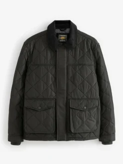 Next Black Shower Resistant Diamond Quilt Corduroy Collared Jacket^ Coats & Jackets|Coats & Jackets