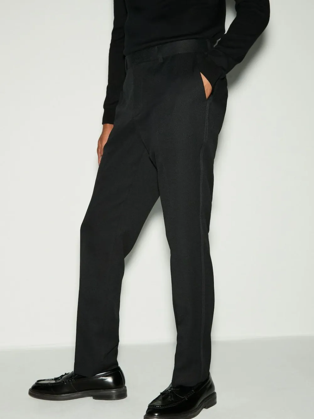 Clearance Next Black Slim Fit Tape Detail Textured Tuxedo Trousers