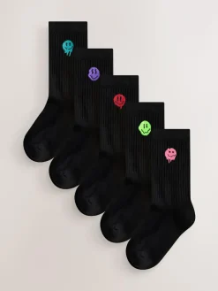 New Next Sport Rib Socks 5 Pack Black Smiley