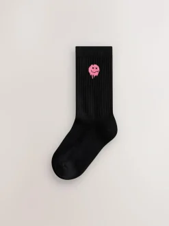 New Next Sport Rib Socks 5 Pack Black Smiley