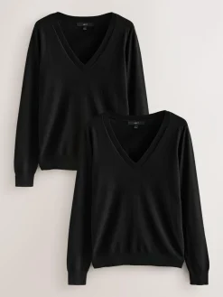 Next Black Soft Touch V-Neck Cotton Rich Jumpers 2 Pack^Women Knitwear|Knitwear