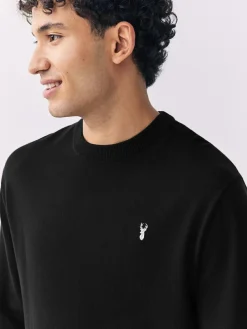 Outlet Next Stag Logo Regular Fit Cotton Rich Crew Neck Jumper Black