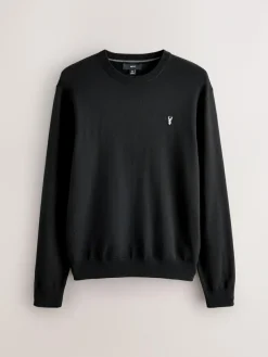 Outlet Next Stag Logo Regular Fit Cotton Rich Crew Neck Jumper Black