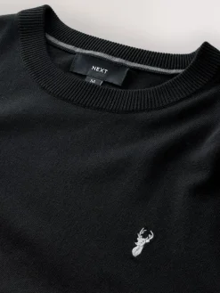 Outlet Next Stag Logo Regular Fit Cotton Rich Crew Neck Jumper Black