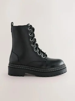 Online Next Standard Fit (F) Leather Chunky Lace-Up Boots Black