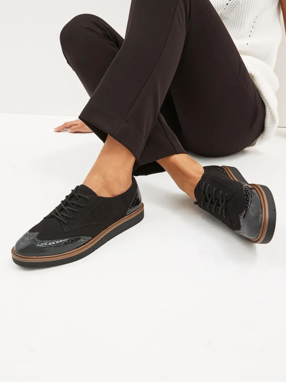 Next Black Standard/Wide Fit Brogue Lace Up Chunky Sole Shoes^Women Wide Fit & Extra Wide Fit|Flats