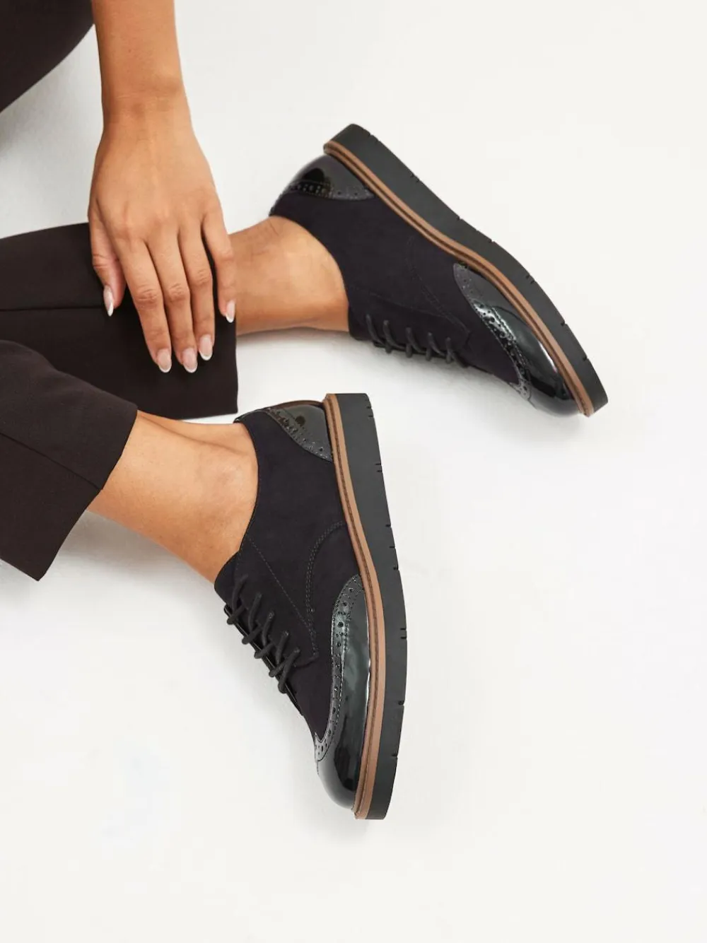 Next Black Standard/Wide Fit Brogue Lace Up Chunky Sole Shoes^Women Wide Fit & Extra Wide Fit|Flats