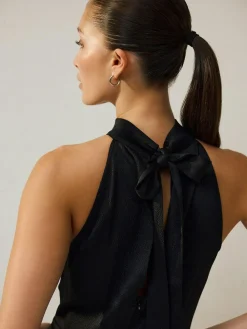 Next Black Textured Satin Halter Sleeveless Midi Dress^Women Maxi Dresses