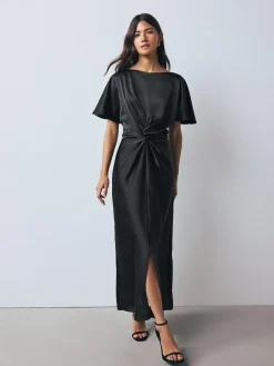 Clearance Next Textured Satin Short Sleeve Twist Front Midi Dress Black