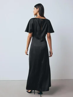 Clearance Next Textured Satin Short Sleeve Twist Front Midi Dress Black