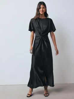 Clearance Next Textured Satin Short Sleeve Twist Front Midi Dress Black