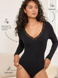 Clearance Next Thermal Base Layer Lace Trim Bodysuit Black