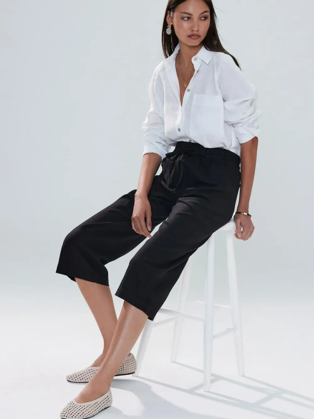 Clearance Next Tie Waist Linen Blend Culottes Black