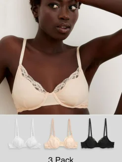 Next Black/ White/Pastel Rose Nude Non Pad Balcony Cotton Blend Ultimate Comfort Bras 3 Pack^Women Bras
