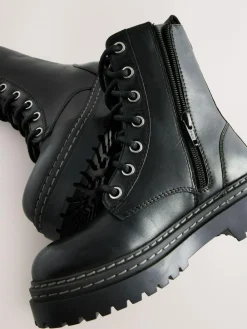 Hot Next Black Wide Fit (G) Leather Chunky Lace-Up Boots