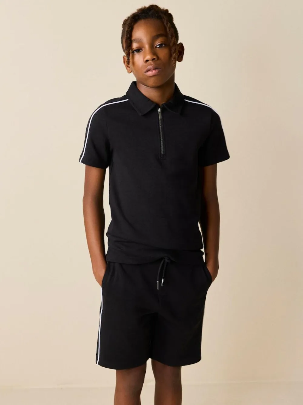 New Next Black Zip Neck Polo Shirt and Shorts Set (3-16yrs)