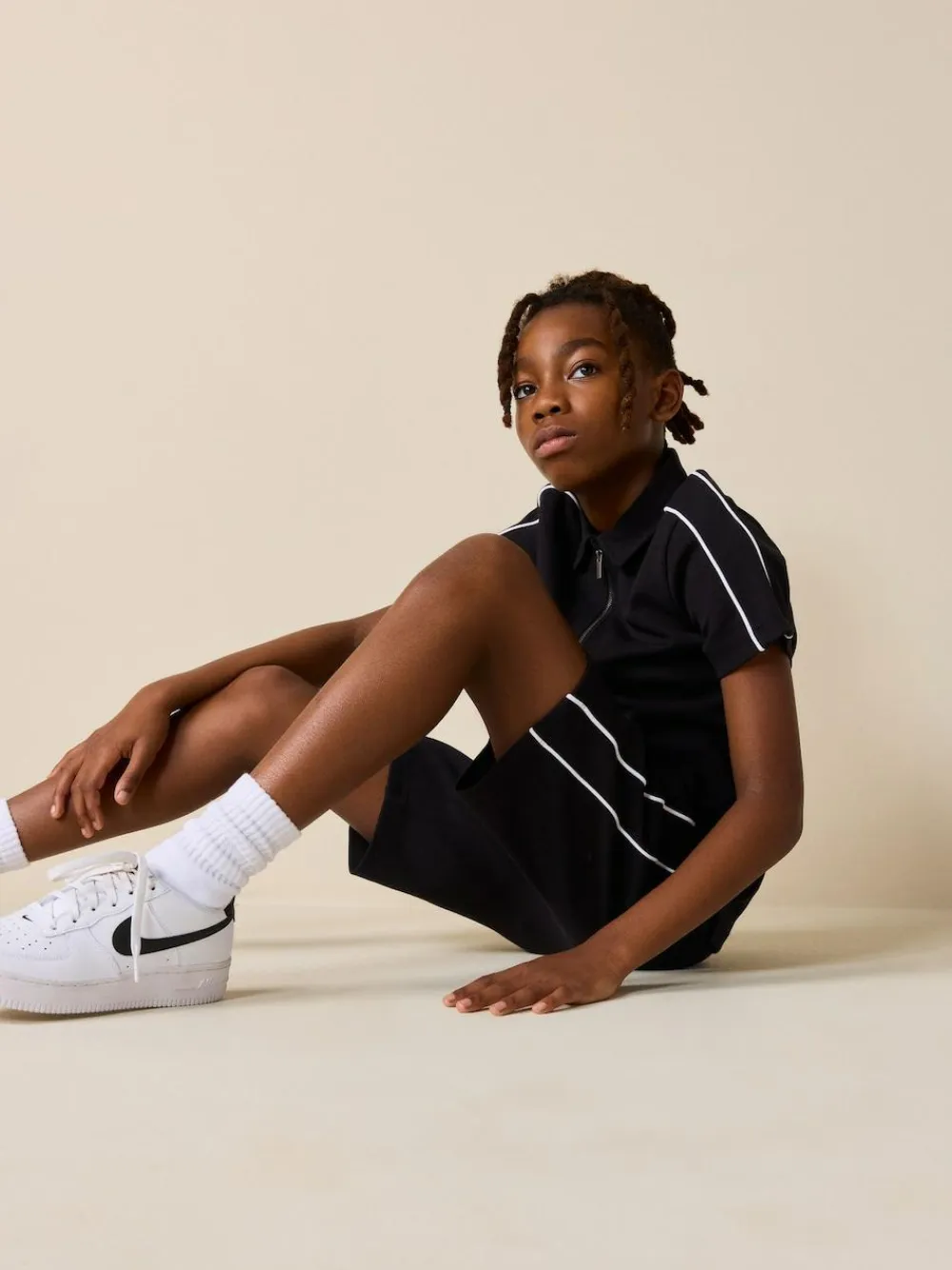 New Next Black Zip Neck Polo Shirt and Shorts Set (3-16yrs)