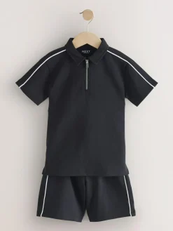 New Next Black Zip Neck Polo Shirt and Shorts Set (3-16yrs)