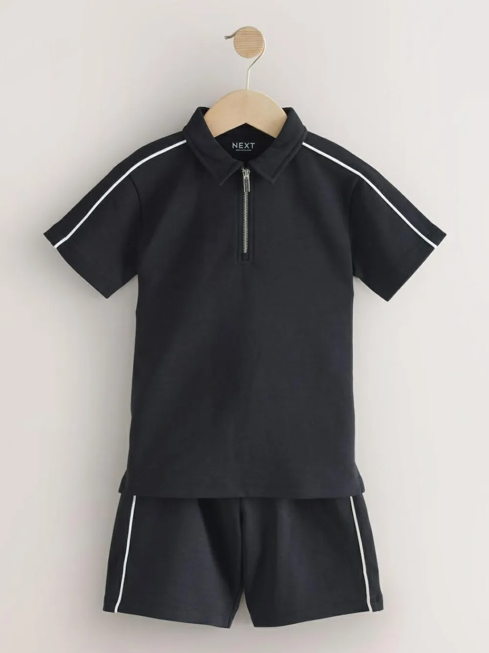 New Next Black Zip Neck Polo Shirt and Shorts Set (3-16yrs)