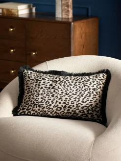 Next Black/Animal 50 x 30cm Velvet Faux Leopard Print Fringe Cushion^ Cushions & Throws