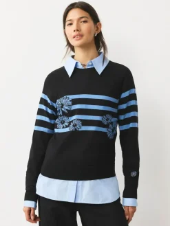 Next Black/Blue Floral Stripe Soft Touch Crew Neck Cotton Rich Jumper^Women Nightwear|Knitwear