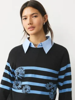 Next Black/Blue Floral Stripe Soft Touch Crew Neck Cotton Rich Jumper^Women Nightwear|Knitwear