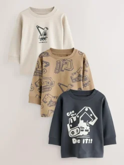 Next Black/Brown Digger Long Sleeve Graphic Print T-Shirts 3 Pack (3mths-7yrs)^BOY Baby Boys|Baby Boys
