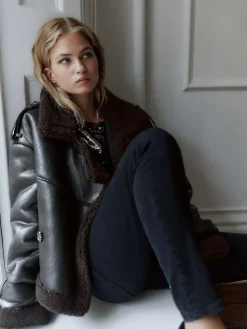 Discount Next Black/Chocolate Brown Faux Shearling Cropped Aviator Jacket