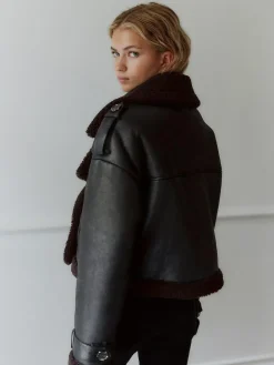 Discount Next Black/Chocolate Brown Faux Shearling Cropped Aviator Jacket