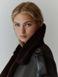 Discount Next Black/Chocolate Brown Faux Shearling Cropped Aviator Jacket