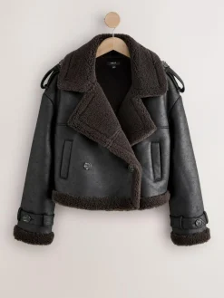 Discount Next Black/Chocolate Brown Faux Shearling Cropped Aviator Jacket