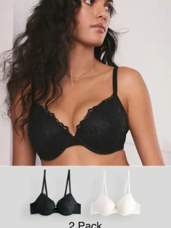 Next Black/Cream Pad Plunge Embroidered Bras 2 Pack^Women Bras