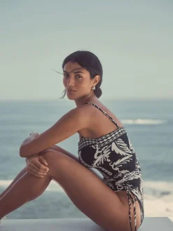 Sale Next Black/Cream Palm Bandeau Ruched Leg Tummy Control Shaping Swimsuit