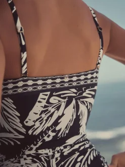 Sale Next Black/Cream Palm Bandeau Ruched Leg Tummy Control Shaping Swimsuit